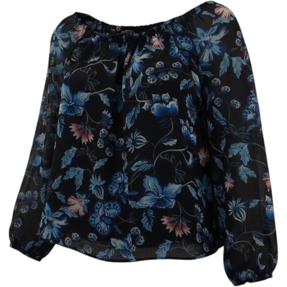 White House Black Market Black & Blue Floral Long Sleeve Boho Peasant Blouse Top